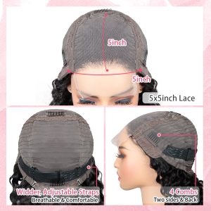 center wig natural black remy hair 5x5 lace closure deep wave 12 inch bob human hair wig